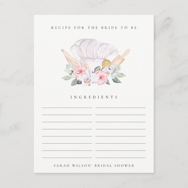 Blush Chef Hat Floral Recipe Request Bridal Shower Postcard (Front)