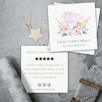 Blush Chef Hat Floral Roller Whisk Review Request Square Business Card by DearBrand at Zazzle