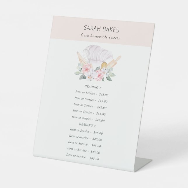Blush Chef Hat Floral Whisk Bakery Service Price Pedestal Sign (Front)