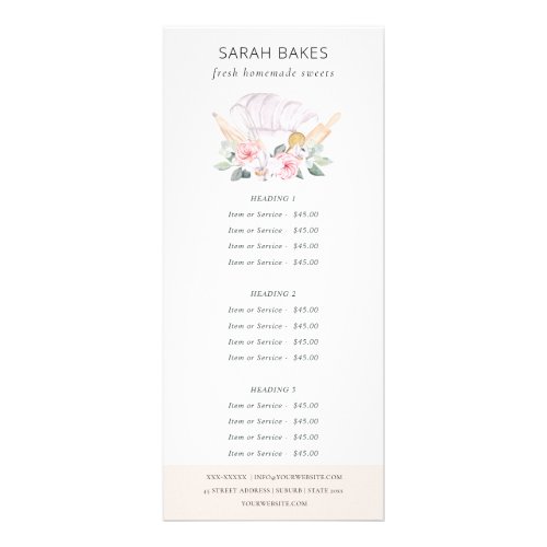 Blush Chef Hat Floral Whisk Bakery Service Price Rack Card