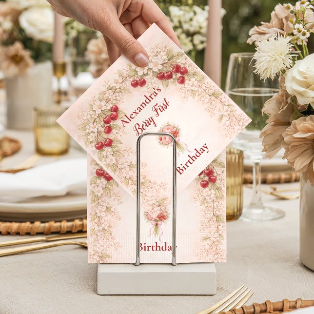 Blush Cherry Botanical Party 1st Birthday Napkins (Creator Uploaded)
