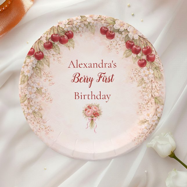 Blush Cherry Botanical Party 1st Birthday Paper Plates (Creator Uploaded)