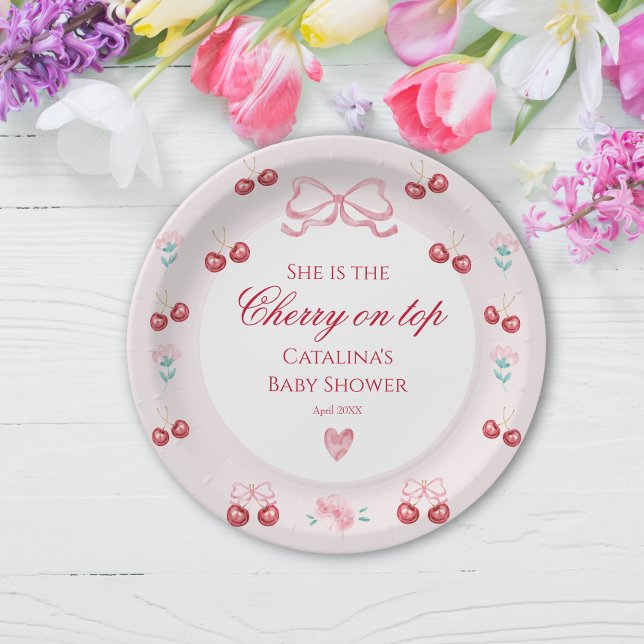 Blush Cherry On Top Baby Shower Party Paper Plates (Creator Uploaded)