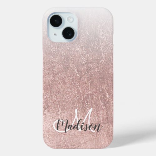 Blush chic faux pink rose gold ombre monogram iPhone 15 case