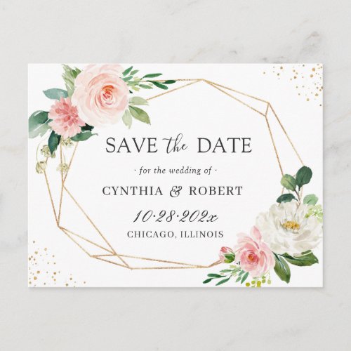 Blush Chic Floral Gold Geometric Save the Date Postcard