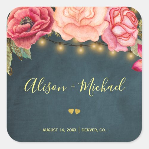 Blush chic peonies navy chalkboard hearts wedding square sticker