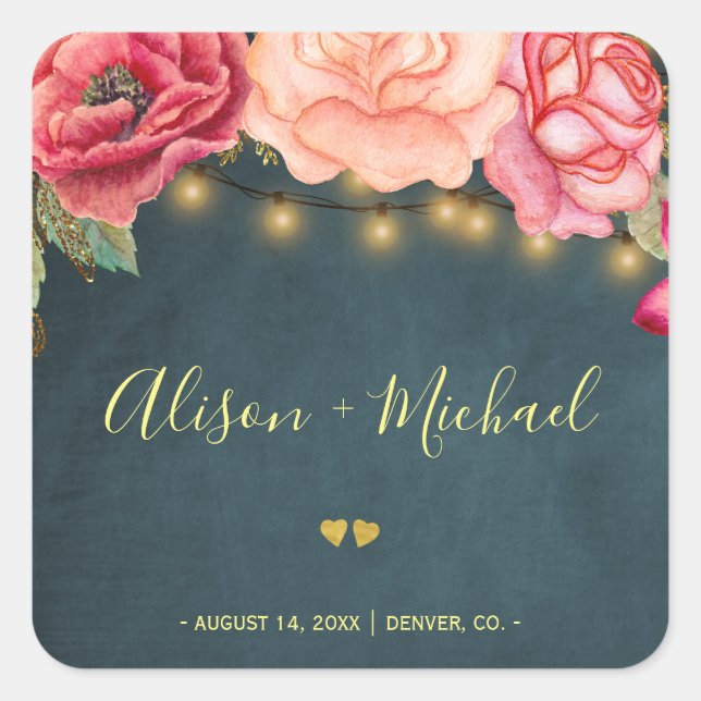 Blush chic peonies navy chalkboard hearts wedding square sticker (Front)