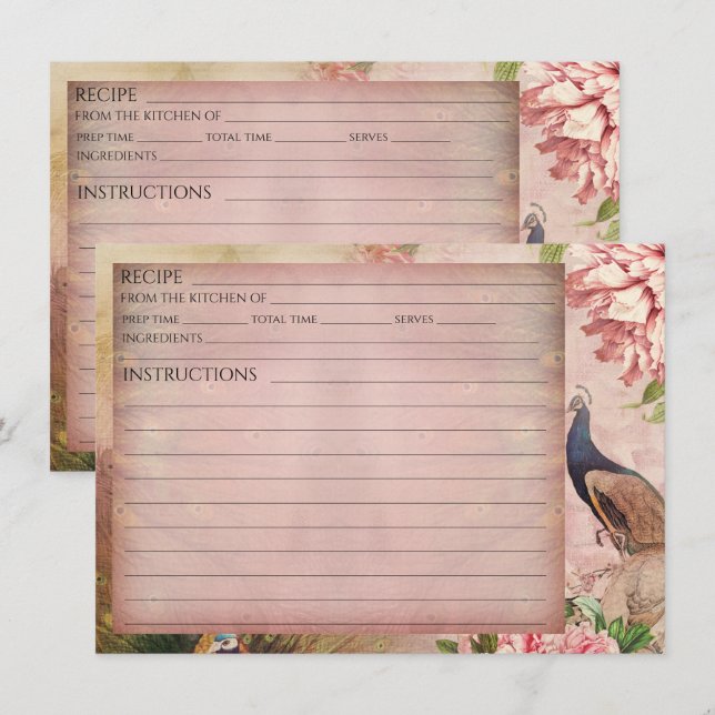 Blush Chinoiserie Peacock Peony Bridal Recipe Card (Front/Back)