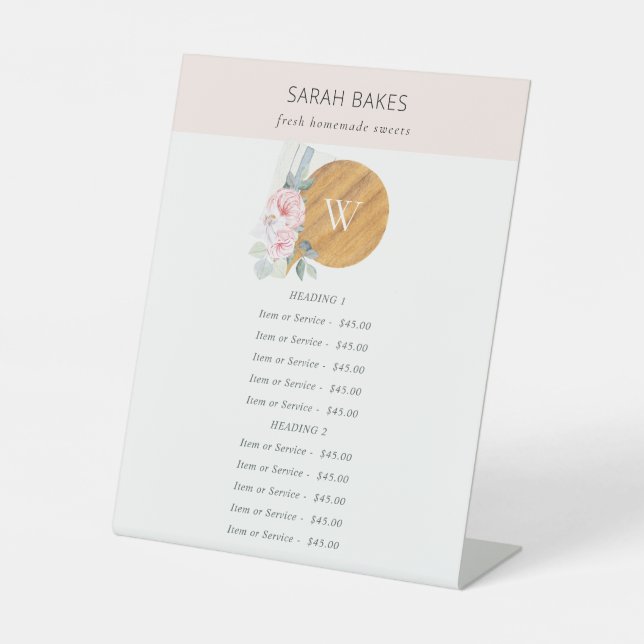 Blush Chopping Board Floral Bakery Service Price Pedestal Sign (Front)