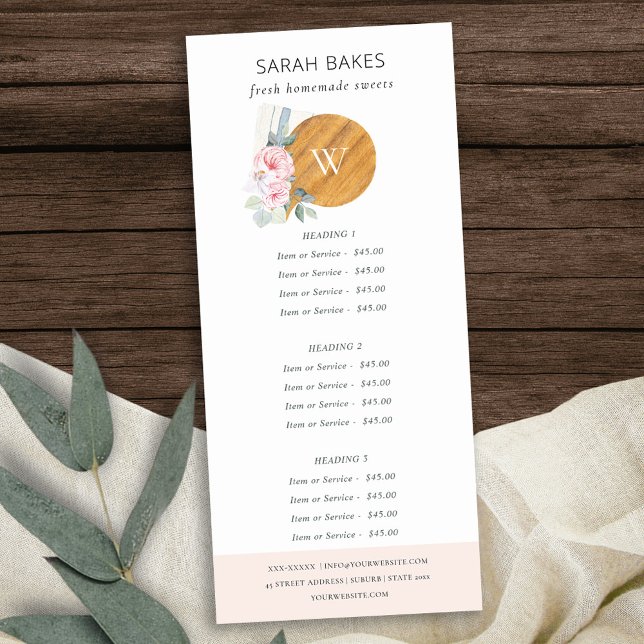 Blush Chopping Board Floral Bakery Service Price Rack Card (Creator Uploaded)