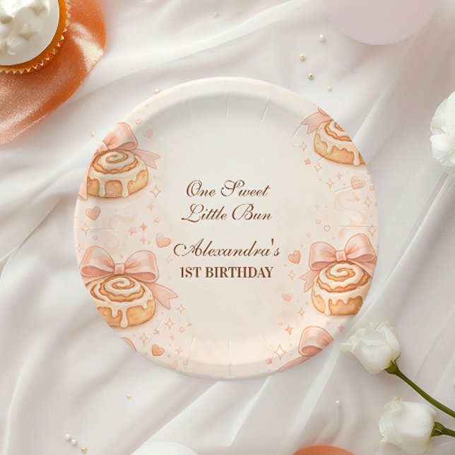Blush Cinnamon Bow Little Bun 1st Birthday Paper Plates (Creator Uploaded)