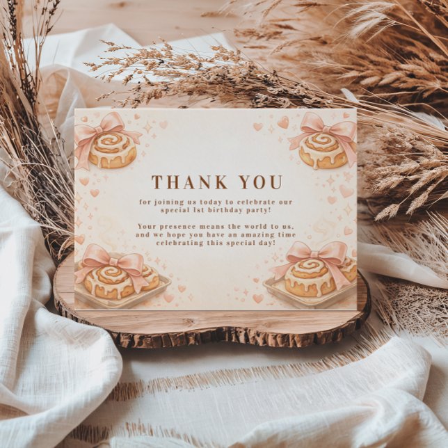 Blush Cinnamon Bow Little Bun 1st Birthday Thank You Card (Creator Uploaded)