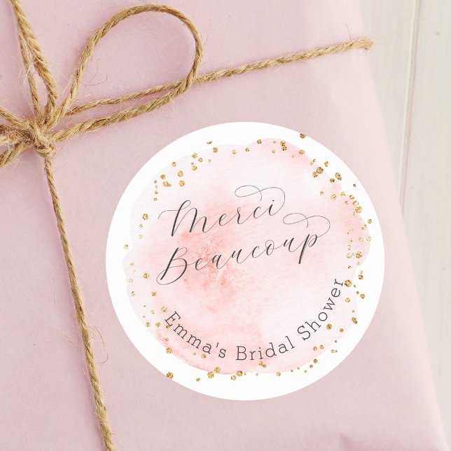 Blush Circle Merci Beaucoup Bridal Shower Classic Round Sticker (Creator Uploaded)