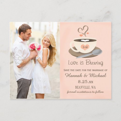 Blush Coffee Cup Monogram Heart Save the Date Announcement Postcard