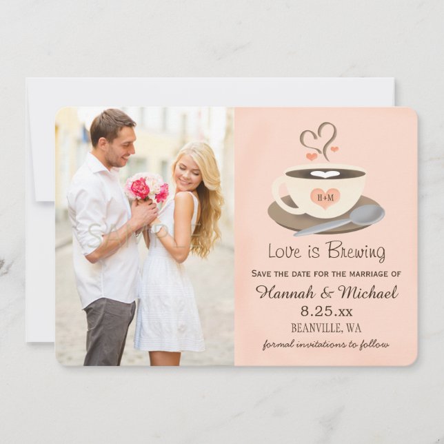 Blush Coffee Cup Monogrammed Heart Save the Date (Front)