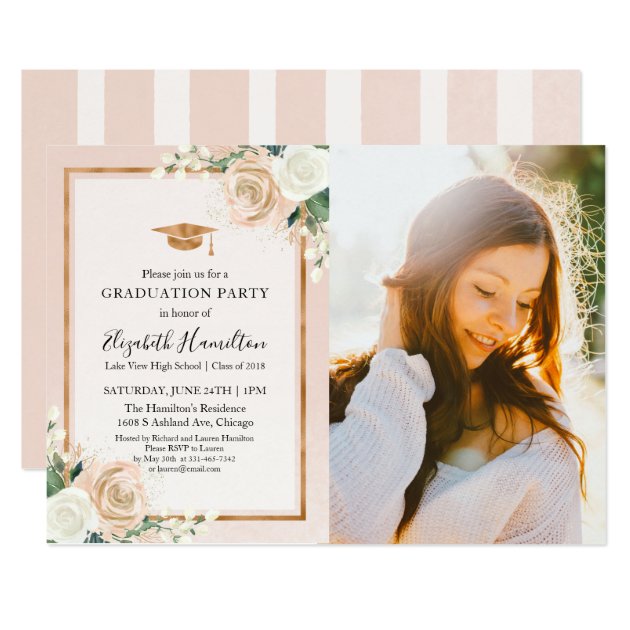 Blush & Copper Floral Graduation Party Photo Card