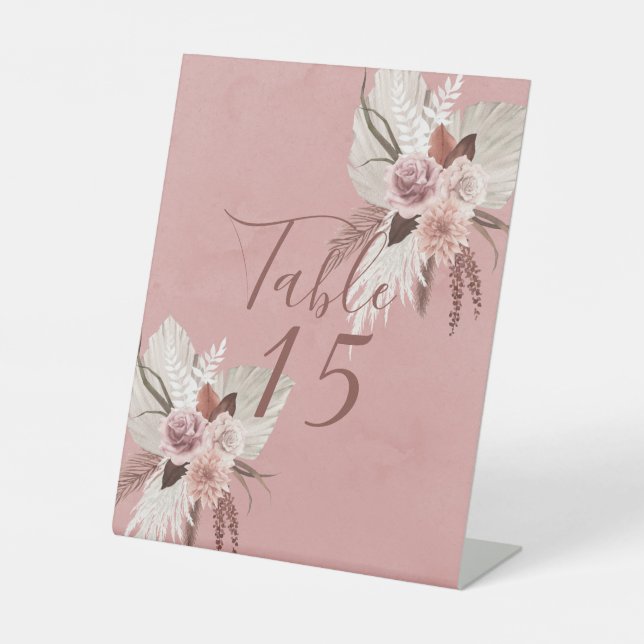 Blush Copper Tropical Pampas Wedding Table Number Pedestal Sign (Front)