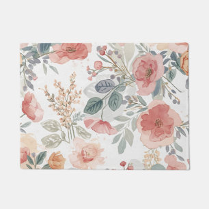 Blush Coral Garden Floral Watercolor Pattern Doormat