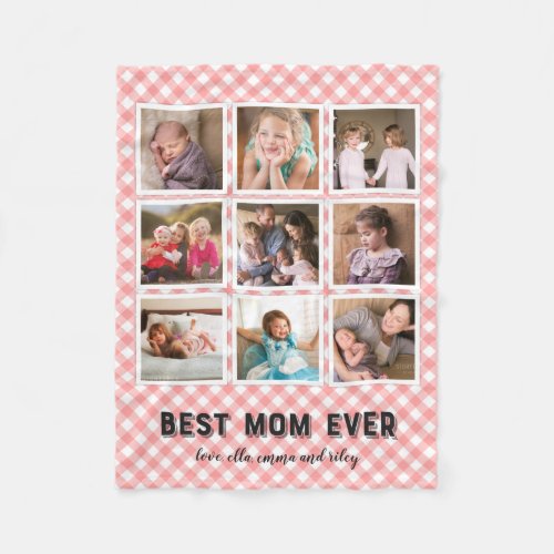 Blush Coral Gingham Best Mom Ever Photo Collage Fleece Blanket