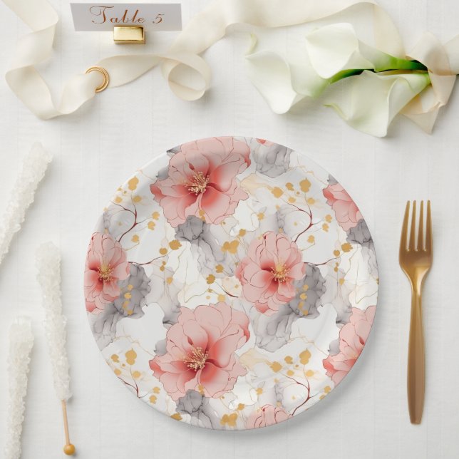 Blush Coral Grey Floral Bridal Shower Paper Plates (Wedding)