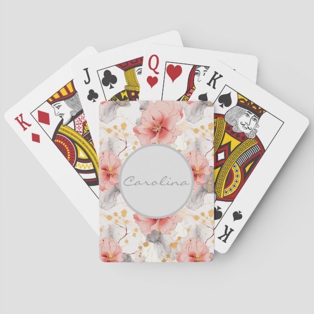 Blush Coral Grey Floral Poker Cards (Back)