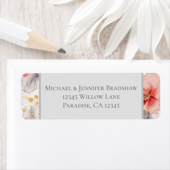 Blush Coral Grey Floral Wedding Label (Insitu)