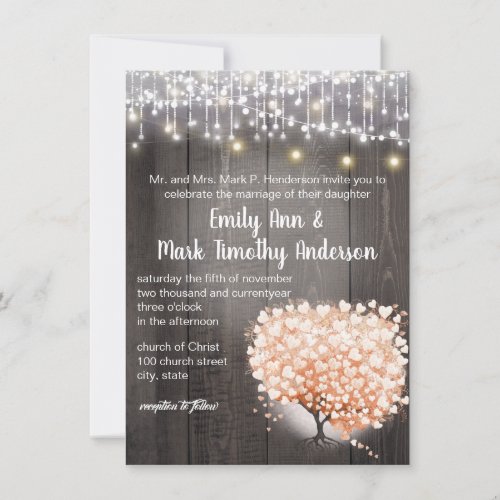 Blush Coral Heart Leaf Tree Forest Elegant Wedding Invitation