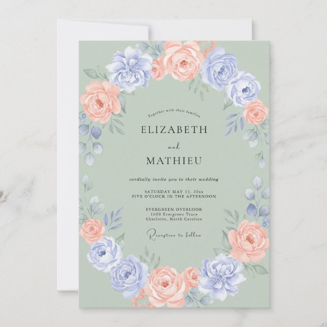 Blush Coral Periwinkle Wreath Wedding Invitation (Front)