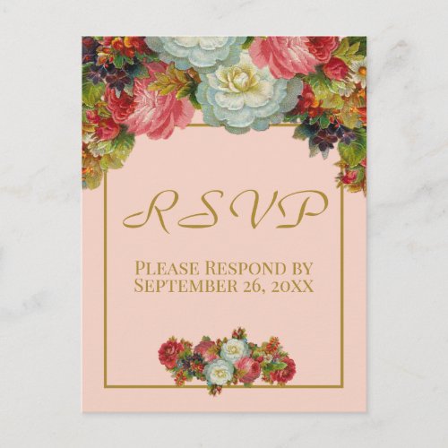 Blush Coral Pink Autumn Floral Wedding RSVP Postcard