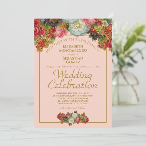 Blush Coral Pink Vintage Floral Chic Wedding Invitation