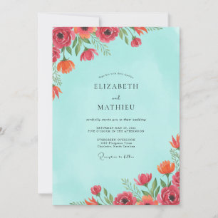 Blush Coral Poppy Turquoise Wedding Invitation
