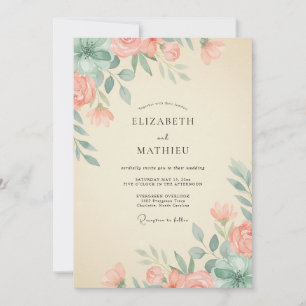 Blush Coral Seafoam Peony Wedding Invitation