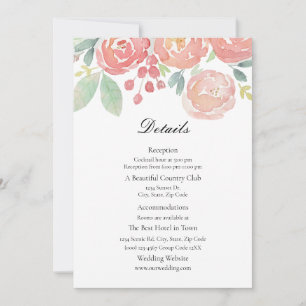 Blush Coral Watercolor Floral Wedding Details Card
