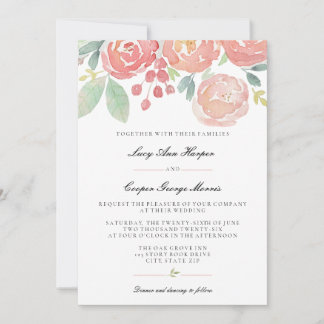 Blush Coral Watercolor Floral Wedding Invitation