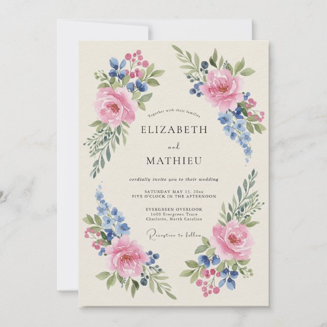 Blush Cornflower Painted Wedding Invitation (Front)