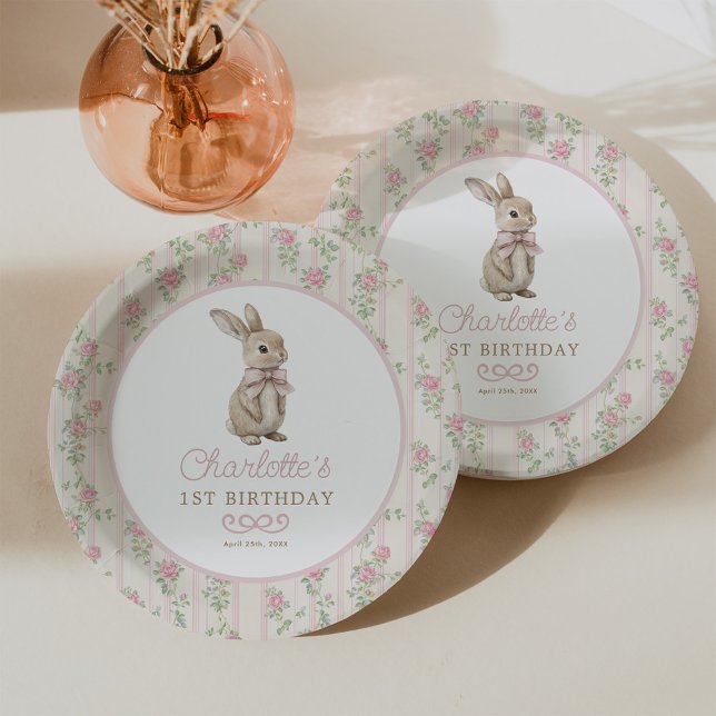 Blush Cottagecore Bunny Roses Girl 1st Birthday Paper Plates (Creator Uploaded)