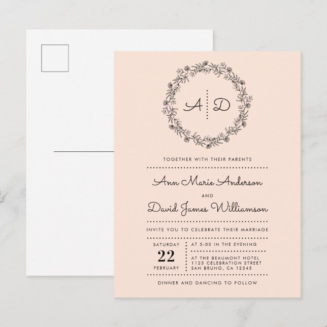 Blush | Country Floral Wreath Wedding Invitation Postcard (Front/Back)