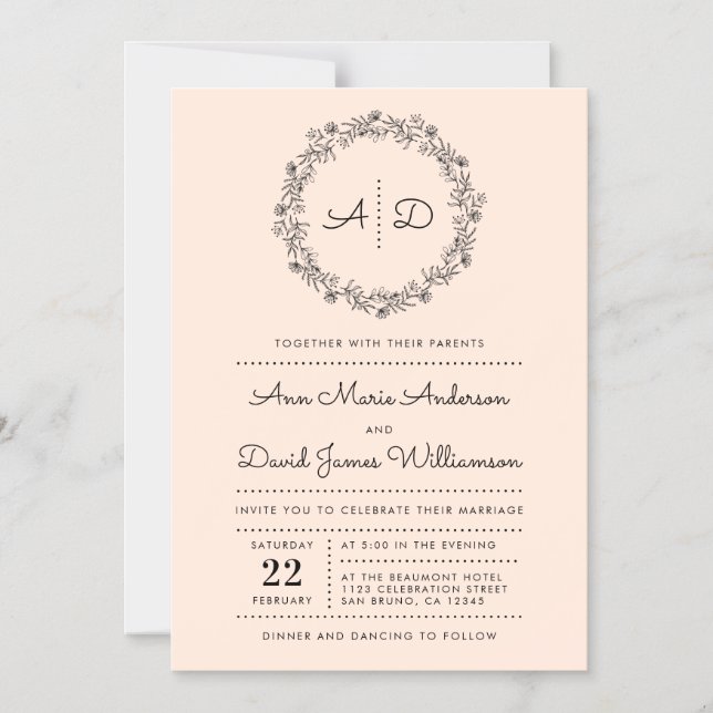 Blush | Country Floral Wreath Wedding Magnetic Invitation (Front)