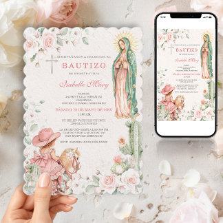Blush Cowgirl Bautizo Niña Virgen de Guadalupe Invitation
