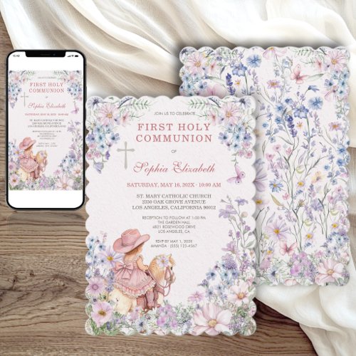 Blush Cowgirl Wildflower Girl First Communion  Invitation