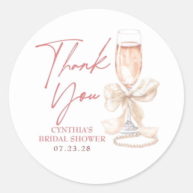 Blush Cream Bow Prosecco Bridal Shower Thank You Classic Round Sticker (Front)