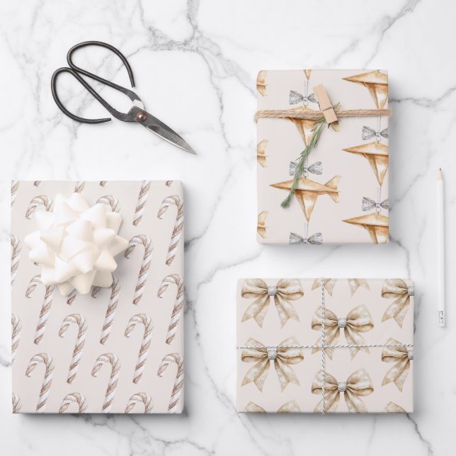 Blush Cream Candy Canes Airplanes Bows Christmas Wrapping Paper Sheets (Front)