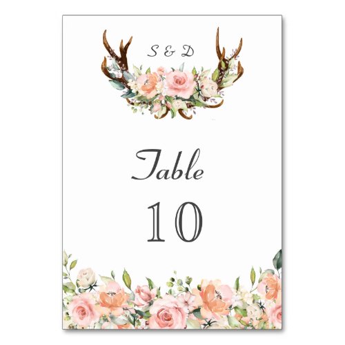 Blush Cream Floral Antlers Handwriting Wedding Table Number
