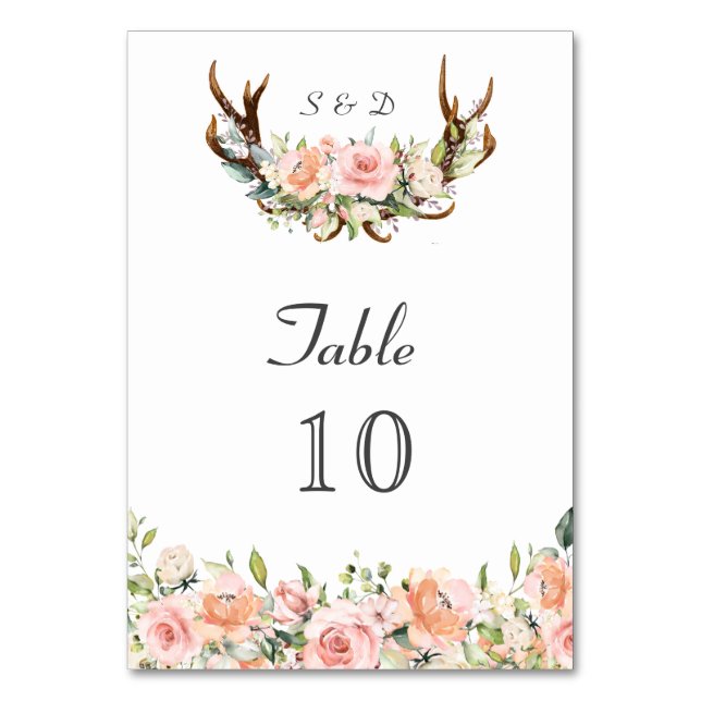 Blush Cream Floral Antlers Handwriting Wedding Table Number (Front)