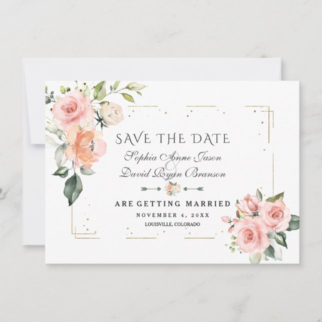 Blush Cream Floral Gold Glitter Frame Wedding Save The Date (Front)