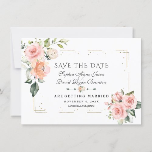 Blush Cream Floral Gold Glitter Frame Wedding Save The Date