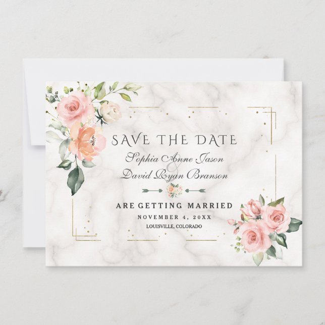 Blush Cream Floral Gold Glitter Marble Wedding Save The Date (Front)