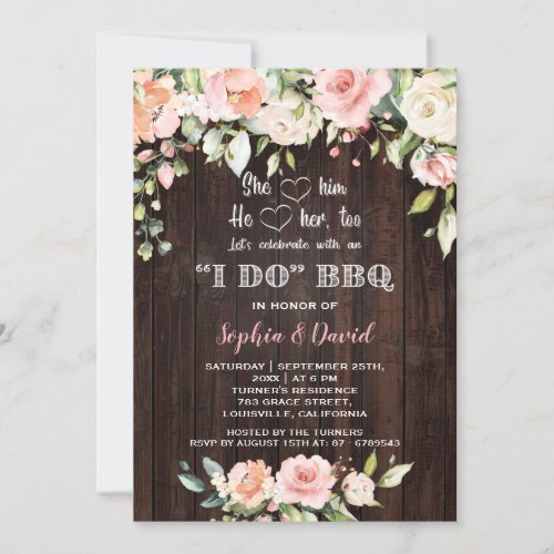 Blush Cream Floral Wood I DO BBQ Engagement Invitation