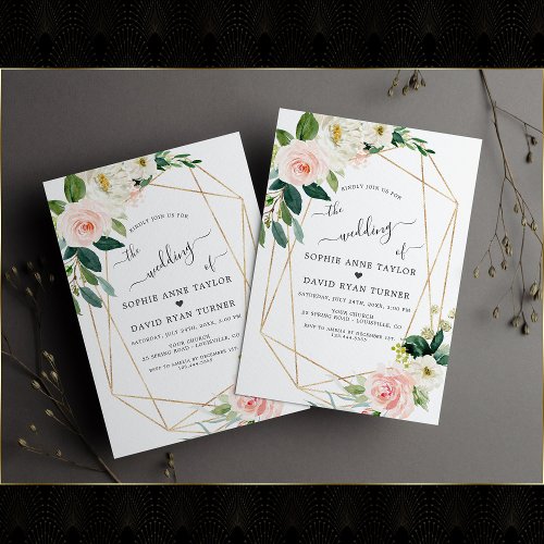 Blush Cream Flowers Gold Calligraphy Wedding Invitation