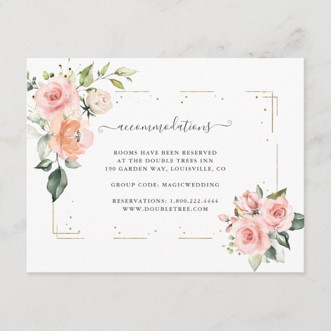 Blush Cream Flowers Gold Wedding Accommodations Enclosure Card (Front)